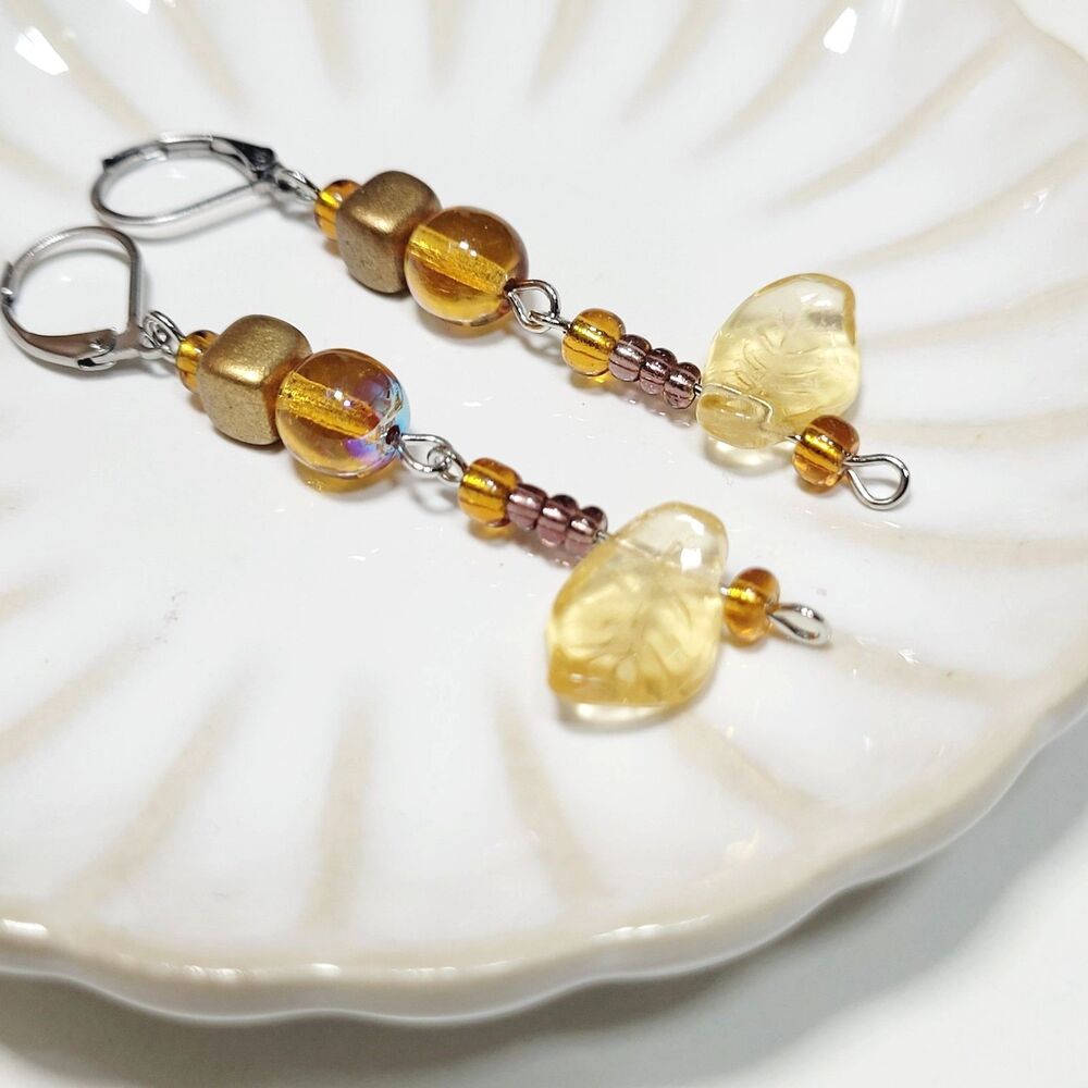 Yellow Glass Leverback earrings handmade Secret Lore earrings  Earthy Boho  689■